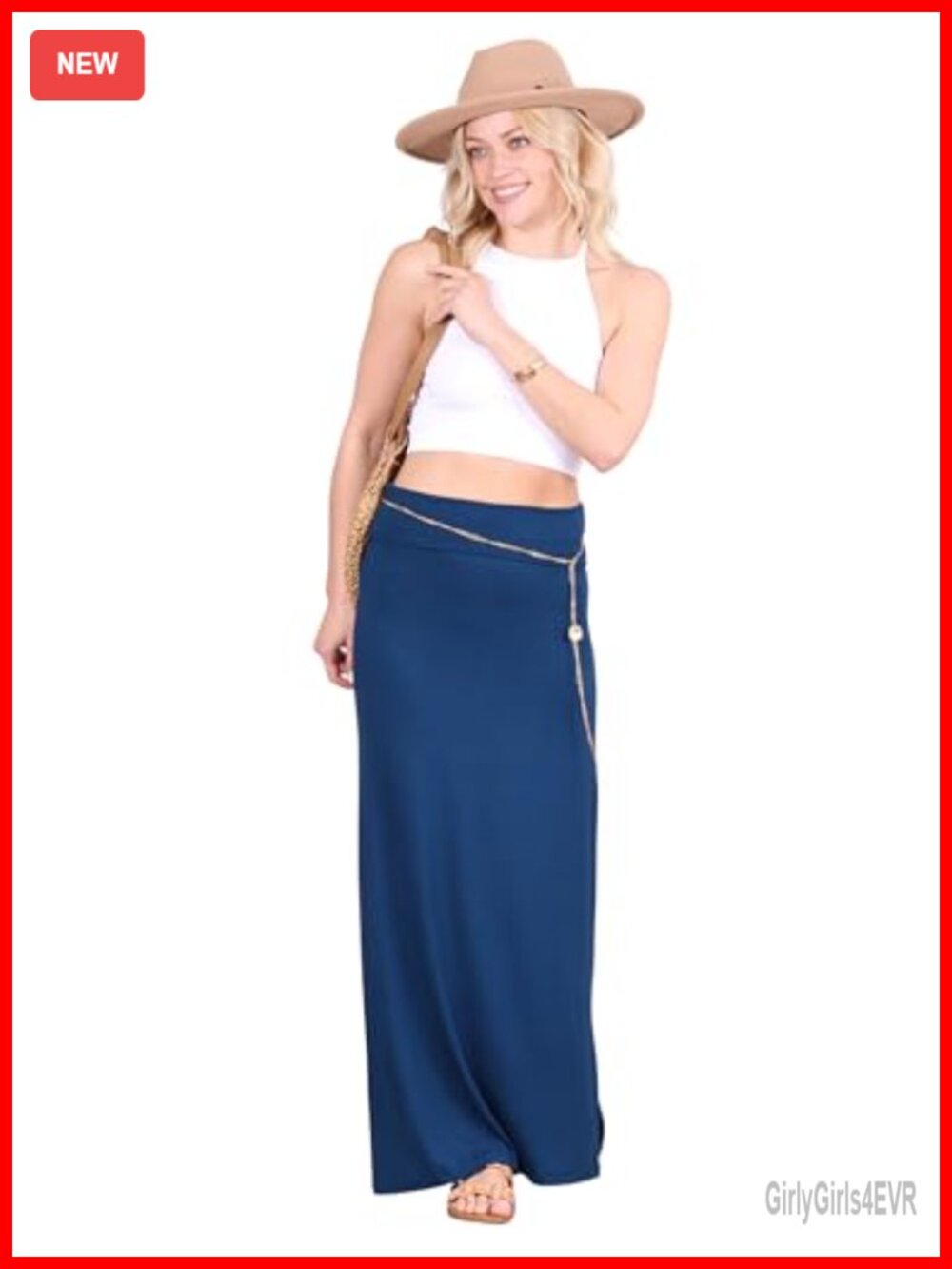 Popana Women's Long Flowy A-Line Maxi Skirt Fold Over Waistband Pull On
